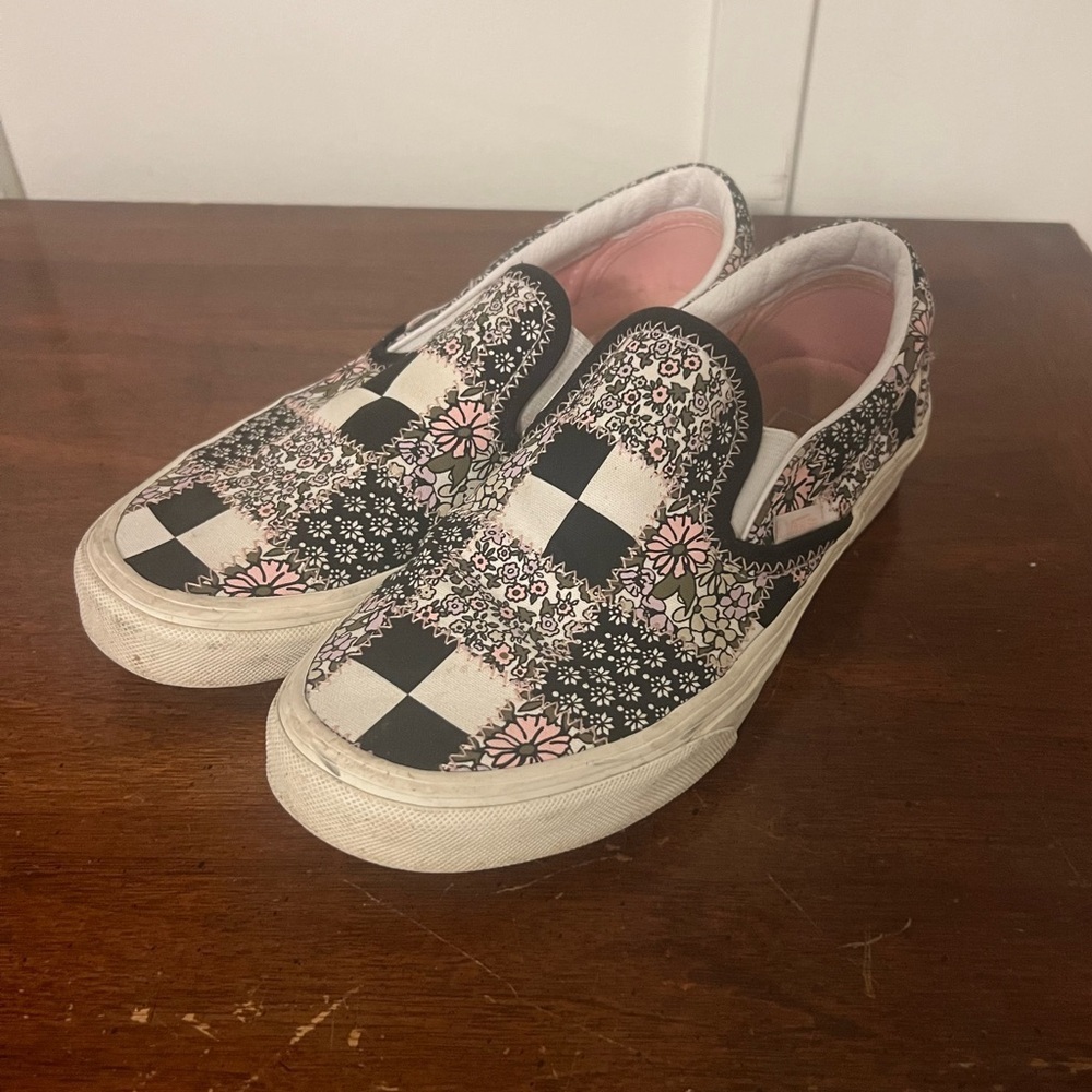 Vans Black and Pink Checkered Slip-On Shoes patch work floral size 7